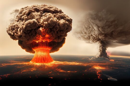Huge nuclear explosion. illustration of a bomb with a mushroom cloud. Catastrophic nucelar war. Bombing of a city, planet earth. Atomic bomb exploding. Radioactive cloud. Flames and black smoke.