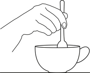 illustration in outline style. Coffee cup hand stirs tea or coffee with a spoon.