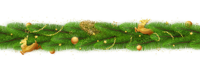 Merry Christmas and Happy New Year decoration, pine tree branches. Creative luxury design, realistic illustration.