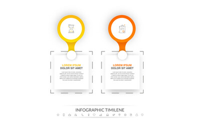 Modern vector infographics with 2 circles and labels. Timeline for the business project on white background. 3D concept graphic process template with two steps and symbols.