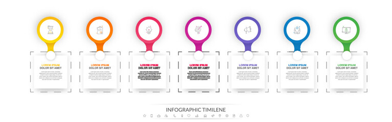 Modern vector infographics with 7 circles and labels. Timeline for the business project on white background. 3D concept graphic process template with seven steps and symbols.