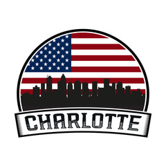 Charlotte North Carolina USA Skyline Sunset Travel Souvenir Sticker Logo Badge Stamp Emblem Coat of Arms Vector Illustration SVG