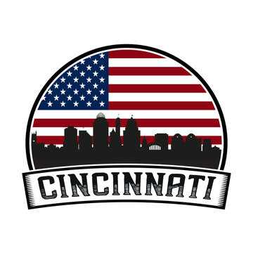 Cincinnati Ohio USA Skyline Sunset Travel Souvenir Sticker Logo Badge Stamp Emblem Coat of Arms Vector Illustration SVG