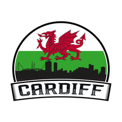 Cardiff Wales Skyline Sunset Travel Souvenir Sticker Logo Badge Stamp Emblem Coat of Arms Vector Illustration SVG