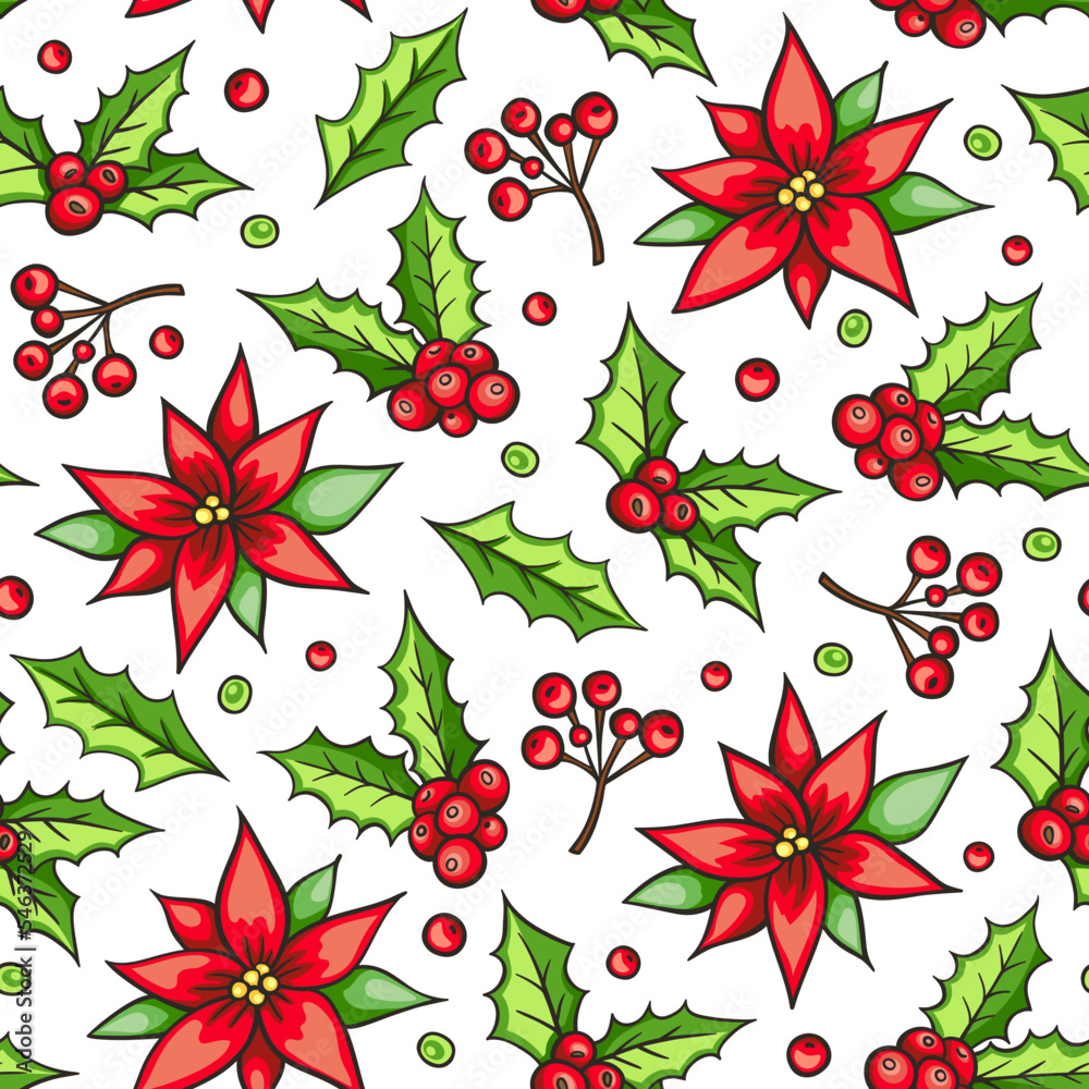 Poster Christmas seamless pattern with red poinsettia flowers