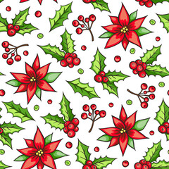 Christmas seamless pattern with red poinsettia flowers