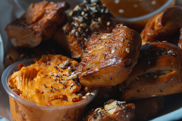 Everything Pretzel Bites scattering on top of cheese sauce for appetizer dipping