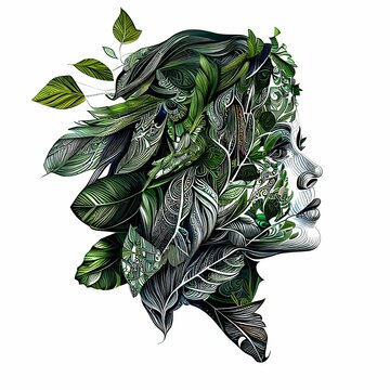 AI generated illustration of a woman's face with green leaves and feathers in the hair