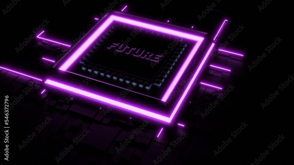 Poster 3d chip with neon nets. design. 3d chip runs computer's software networks. chip labeled future launc