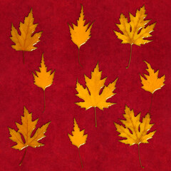 3D seamless pattern with yellow autumn leaves stylized like amber