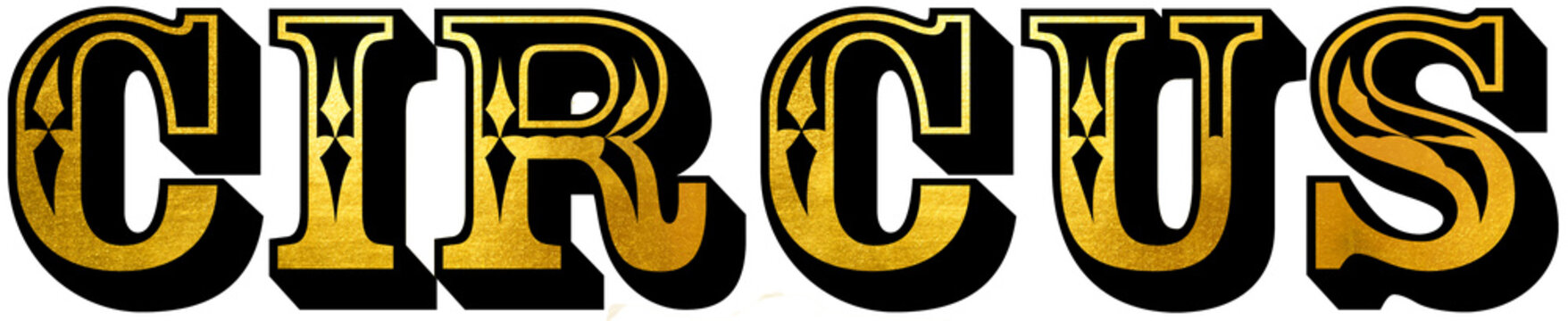 Circus Text insigna in vintage style for poster design, printing, graphic design, with golden foil textured background and black decorations