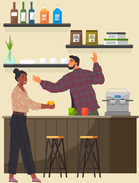 People in coffeehouse stand at counter. Cafe interior man and woman drinking coffees. Barista and customer in cafeteria or coffee shop. Illustration cafe interior, visitor in restaurant at lunch