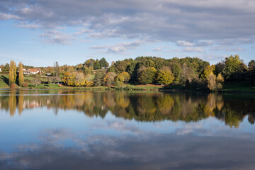 Fototapeta na wymiar Autumn colored forest by a lake