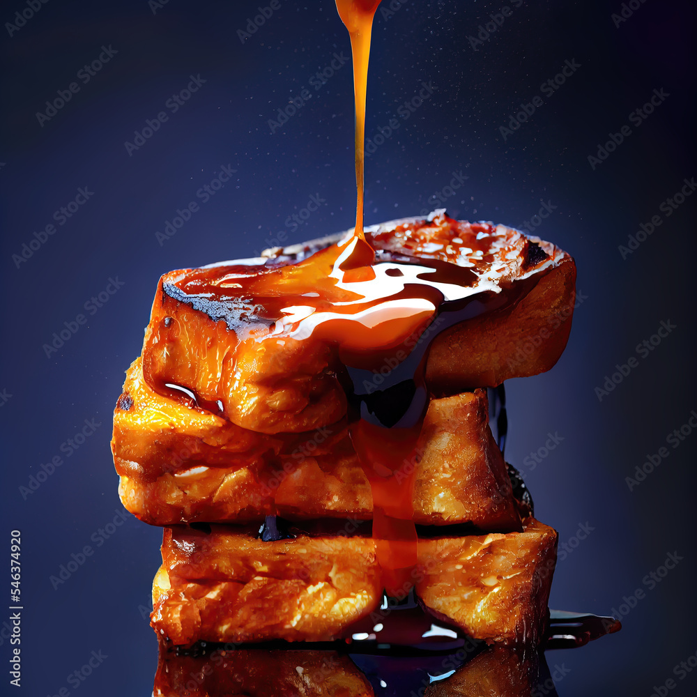 Wall mural french toasts served hot with butter or margarine and maple syrup dripping on it. isolated over a bl
