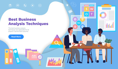 Landing page of best business analysis techniques website. Business cooperation, teamwork in office. People work with statistics and data analytics. Colleagues brainstorming, discussing indicators