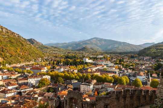 Panorama of Foix and the Pyrenees, from the feudal castle of Foix, in Ari&egrave;ge, Occitanie, France