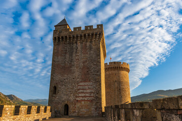 Towers of the medieval castle of Foix, in Ariège, in Occitanie, France - 546376747