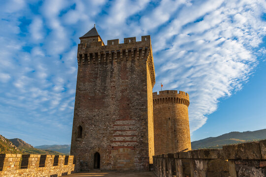 Towers of the medieval castle of Foix, in Ari&egrave;ge, in Occitanie, France