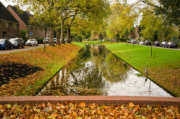 Obraz premium Rotterdam, The Netherlands, November 5, 2022: fallen leaves on a brick bridge across Lede canal in Vreewijk neighbourhood