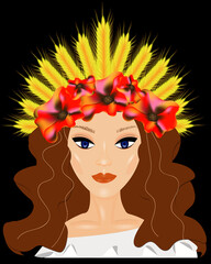 Young girl with blue eyes, brown hair and a wreath on her head from wheat in the Ukrainian style