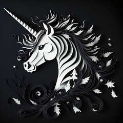 Fototapeta na wymiar Black and White Cut Paper 3D Unicorn Design | Created using Midjourney and Photoshop