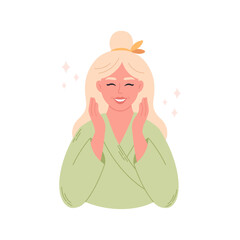 Woman after skin care procedures. Treatment for wrinkles, pimples. Spa procedures at home. Hand drawn vector illustration