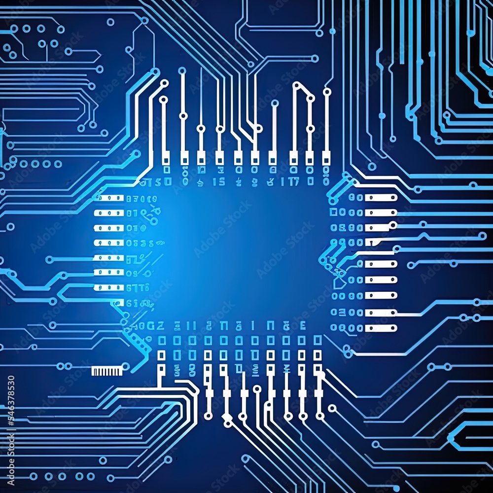 Poster abstract technology chip processor background circuit board and html code, llustration blue technolo