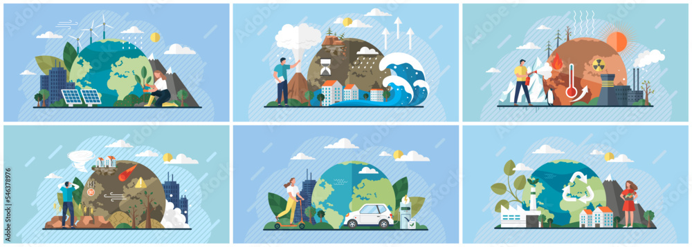 Wall mural change climate scenes set with saving planet concept metaphor. world environment day, bio technology