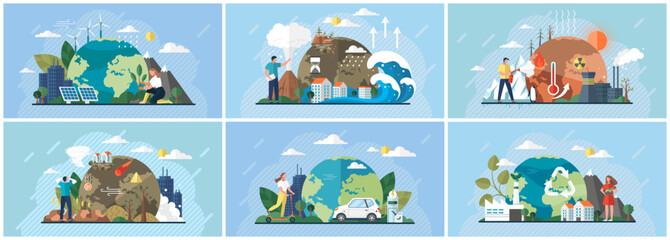 Change climate scenes set with saving planet concept metaphor. World Environment Day, bio technology, city on planet, global warming. Recycling waste, growing plants and choosing renewable resources