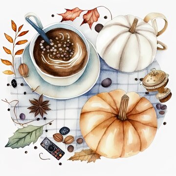 Watercolor illustration of the white pumpkin, autumn leaves, cinnamon sticks, coffee beans, chestnuts and berries Cozy autumn picnic flat lay composition Good for farmhouse, cottagecore decor , anime 