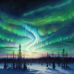 Panorama of northern lights over Lapland, Finland.