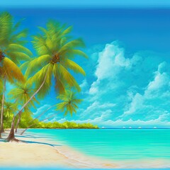 Fototapeta na wymiar Summer beach background palm trees against blue sky banner panorama, tropical Caribbean travel destination.