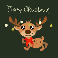 Merry Christmas card with Deer wearing Christmas Tree Lights and a Scarf 
