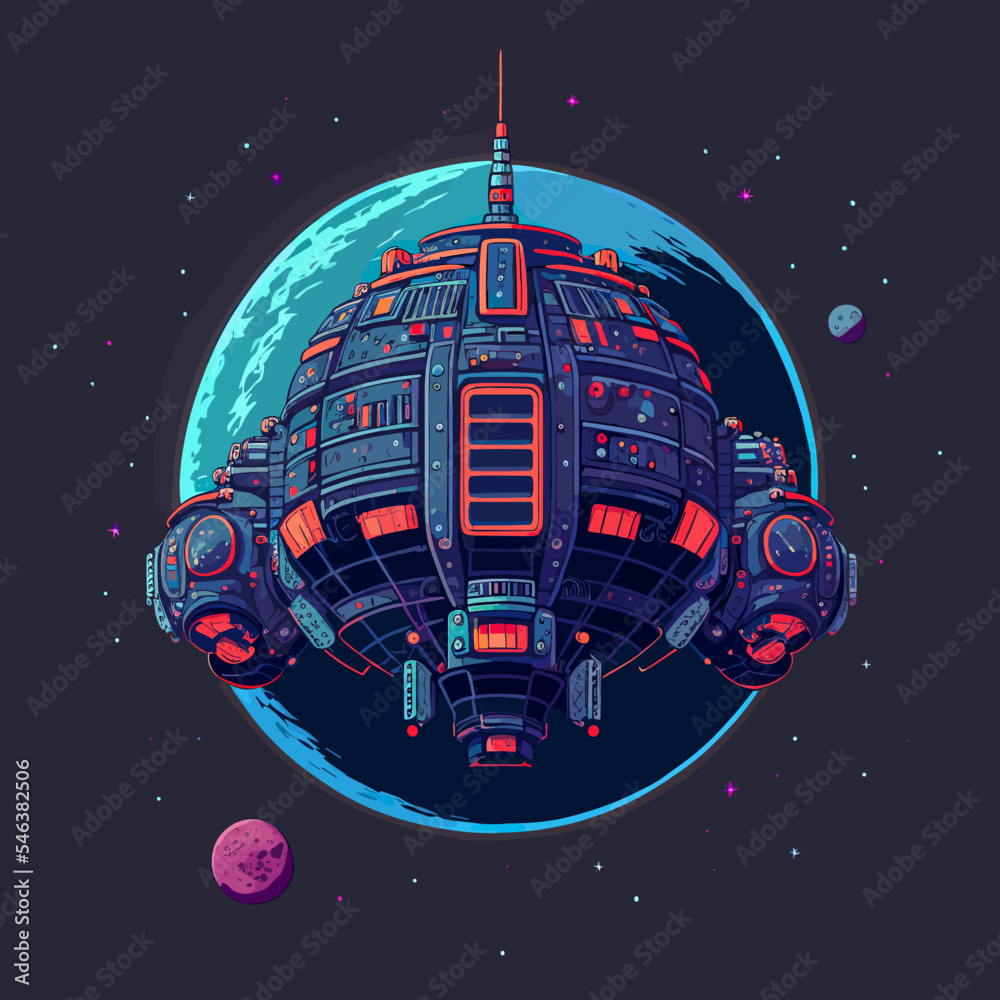 Wall mural vector of a futuristic spaceship hovering over a planet