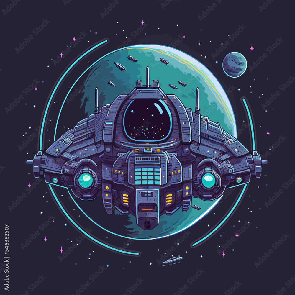 Wall mural vector of a futuristic spaceship hovering over a planet