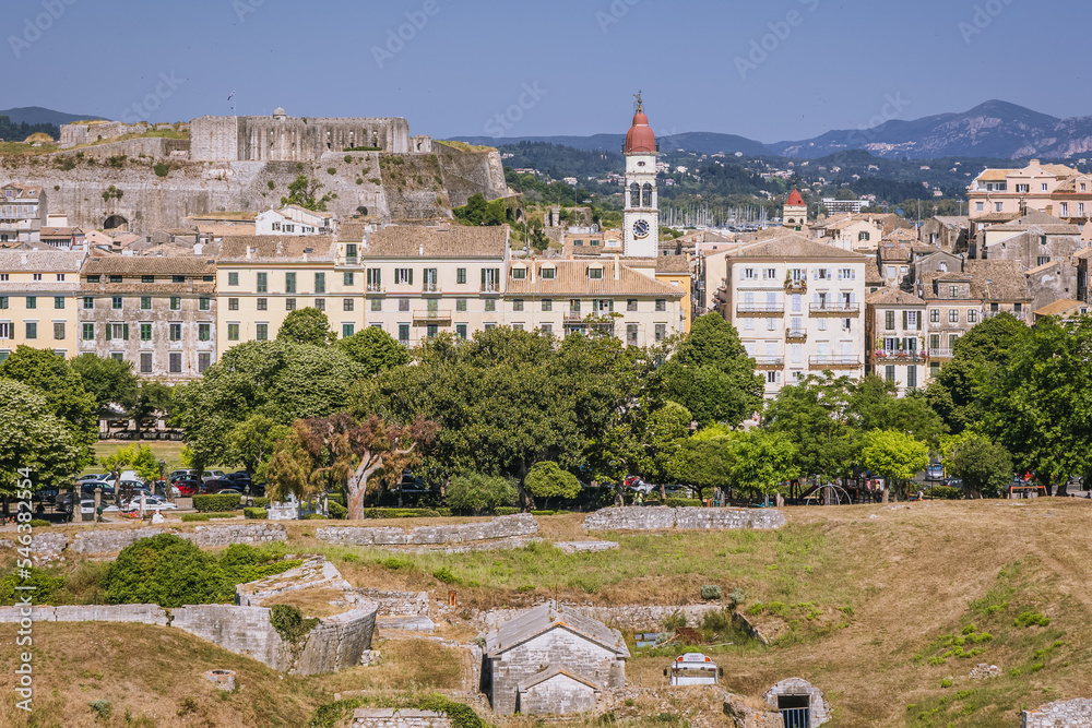 Sticker Old Town with Tower of St Spyridon Church, view from Old Venetian Fortress in Corfu city, Greece