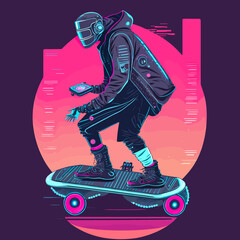Vector of a a futuristic cyberpunk hipster on a hover board - obrazy, fototapety, plakaty