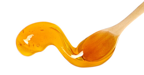 Honey puddle with wooden spoon isolated on white, top view