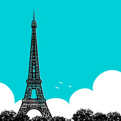 Silhouette of the eiffel tower in paris. Blue sky and cloud. A beautiful city in France. Design for logo, postcard, banner, poster and sign. Vector color art retro illustration. Hand drawn sketch