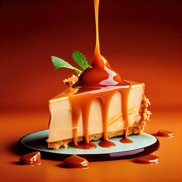 Closeup of a cheesecake with caramel dripping on a gradient background