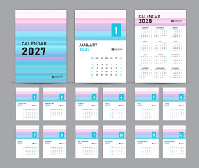 Calendar 2027 template set and 2028 year pastel concept, wall calendar 2027, Desk calendar 2027 set, cover design, Set of 12 Months, Week starts Sunday, Stationery, planner, printing media, poster