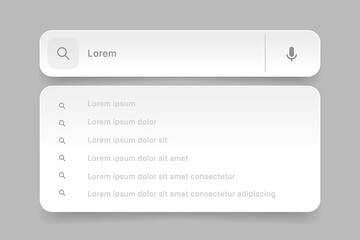 Search Bar with suggestions for UI UX design and web site. Search Address and navigation bar icon. Collection of search form templates for websites. Search engine web browser window template.