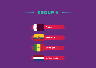 Football world cup, Qatar 2022. List of countries in Group A with flags. World cup.
