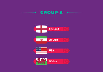 Football world cup, Qatar 2022. List of countries in Group B with flags. World cup.