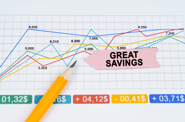 On business charts there is a pencil and an arrow sticker with the inscription - Great Savings