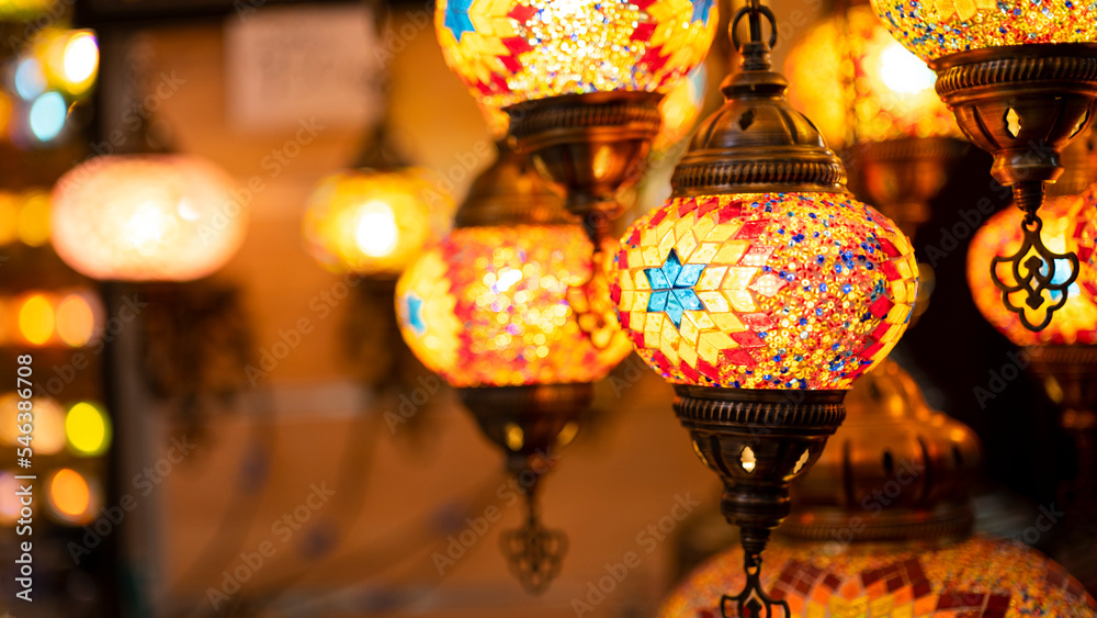 Wall mural lighting products sold in istanbul grand bazaar, traditional turkish lamps, touristic gifts