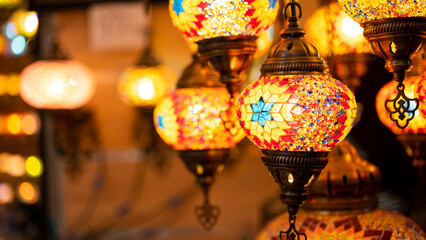Lighting products sold in Istanbul Grand Bazaar, traditional Turkish lamps, touristic gifts
