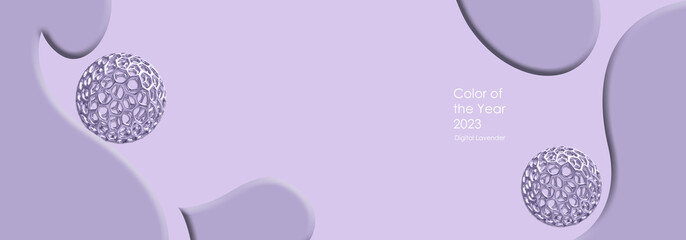 Digital Lavender Color of the Year 2023. Abstract futuristic fluid background over lavender pastel. Text Color of the year 2023 Digital Lavender. Minimalist design. 3D illustration