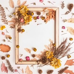 Autumn composition Frame made of autumn dried flowers and leaves on white background Flat lay, top view, copy space , anime style