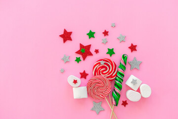 Christmas sweets. Caramel candies and marshmallows.